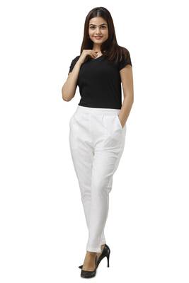 Women's White Cotton Slub Solid Straight Trouser Pant 5