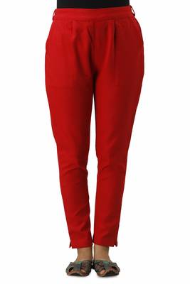 Women's Red Cotton Slub Solid Straight Trouser Pant 1