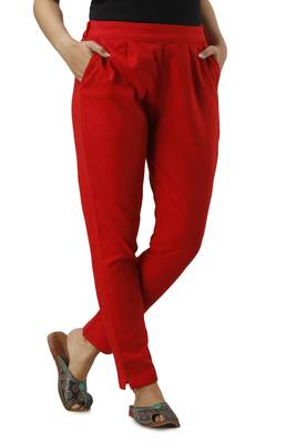 Women's Red Cotton Slub Solid Straight Trouser Pant 2