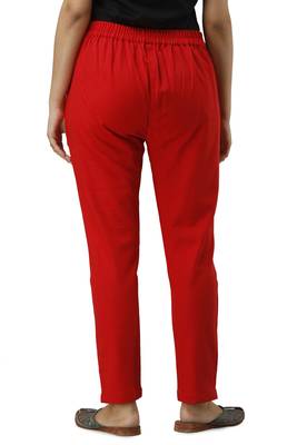 Women's Red Cotton Slub Solid Straight Trouser Pant 3
