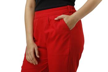 Women's Red Cotton Slub Solid Straight Trouser Pant 4