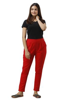 Women's Red Cotton Slub Solid Straight Trouser Pant 5