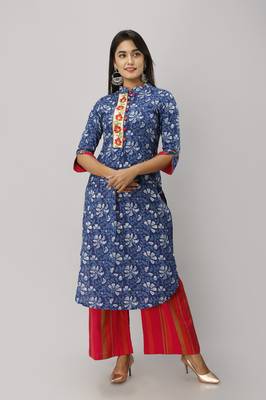 Women's Cotton Floral Printed Straight Indigo Blue Kurta Palazzo Set 1