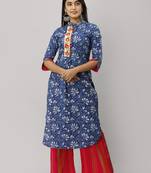 Women's Cotton Floral Printed Straight Indigo Blue Kurta Palazzo Set