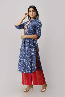 Women's Cotton Floral Printed Straight Indigo Blue Kurta Palazzo Set 2