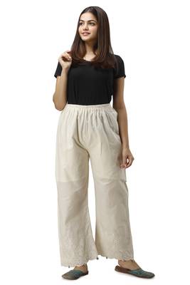 Women's off white Cotton Solid Straight Palazzo 5