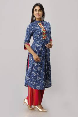 Women's Cotton Floral Printed Straight Indigo Blue Kurta Palazzo Set 3