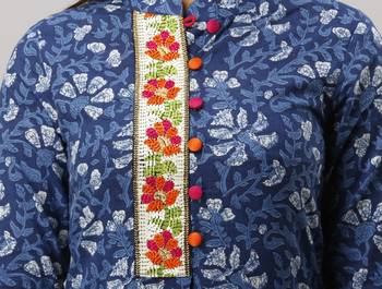 Women's Cotton Floral Printed Straight Indigo Blue Kurta Palazzo Set 4
