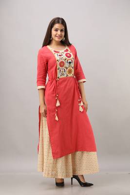 Women's Cotton Slub Bandhej Printed Straight Maroon Kurta Palazzo Set 1