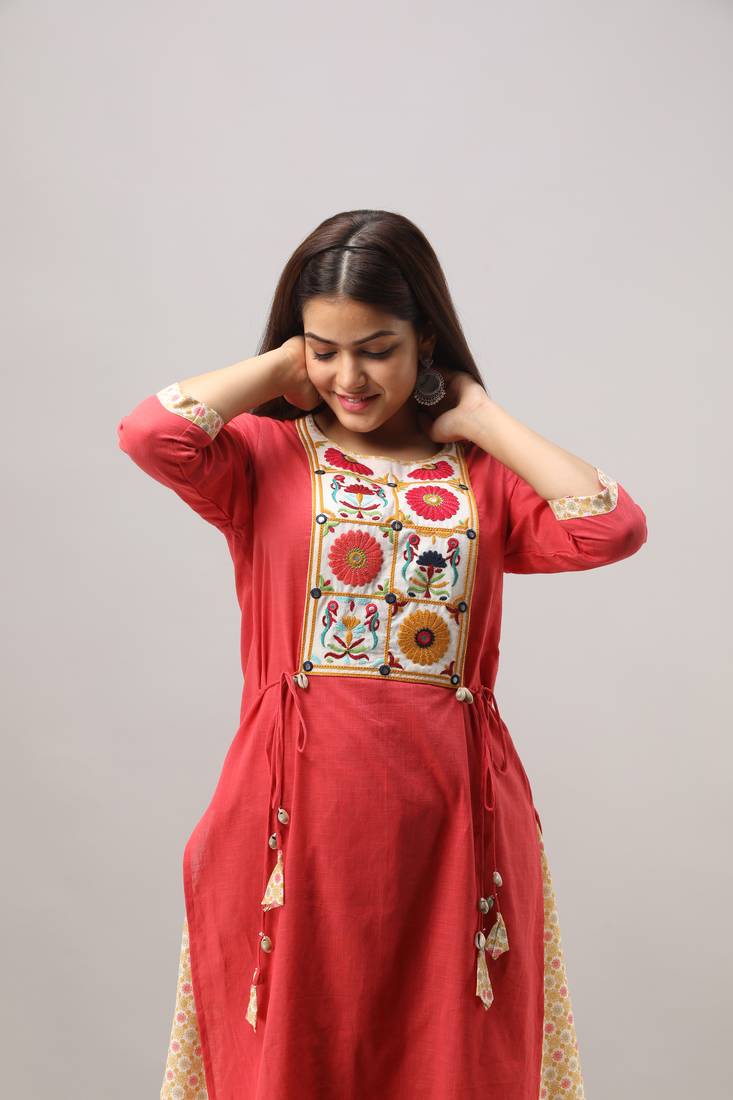 Women's Cotton Slub Bandhej Printed Straight Maroon Kurta Palazzo Set