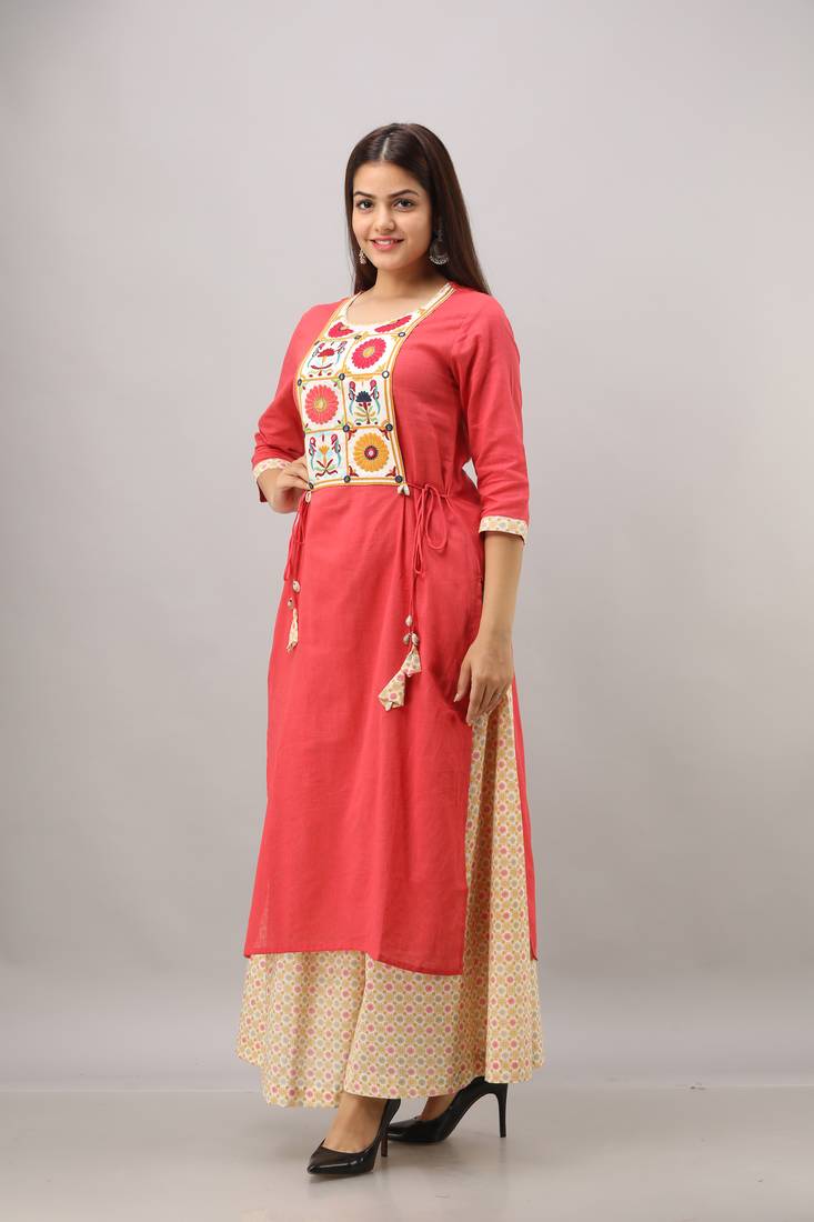 Women's Cotton Slub Bandhej Printed Straight Maroon Kurta Palazzo Set