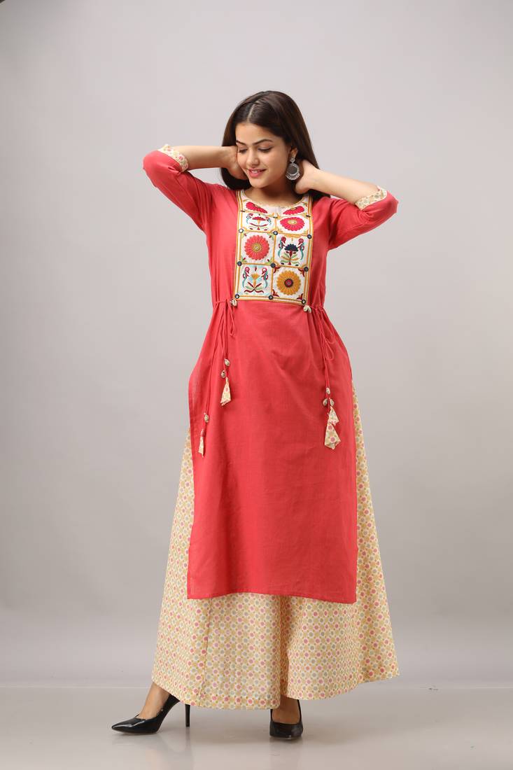 Women's Cotton Slub Bandhej Printed Straight Maroon Kurta Palazzo Set