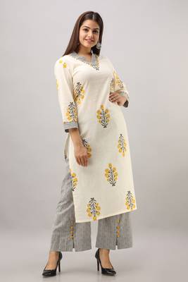 Women's Cotton Slub Buta Printed Straight Yellow & Grey Kurta Palazzo Set 1