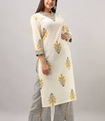 Women's Cotton Slub Buta Printed Straight Yellow & Grey Kurta Palazzo Set