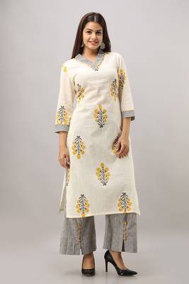 Women's Cotton Slub Buta Printed Straight Yellow & Grey Kurta Palazzo Set 2