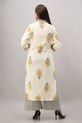 Women's Cotton Slub Buta Printed Straight Yellow & Grey Kurta Palazzo Set 3