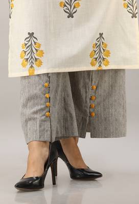 Women's Cotton Slub Buta Printed Straight Yellow & Grey Kurta Palazzo Set 5