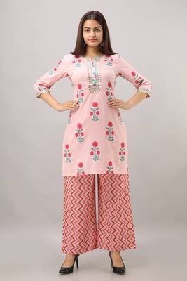 Women's Cotton Embroidered Straight Pink Kurta Palazzo Set 1