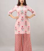 Women's Cotton Embroidered Straight Pink Kurta Palazzo Set