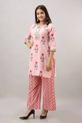 Women's Cotton Embroidered Straight Pink Kurta Palazzo Set 2