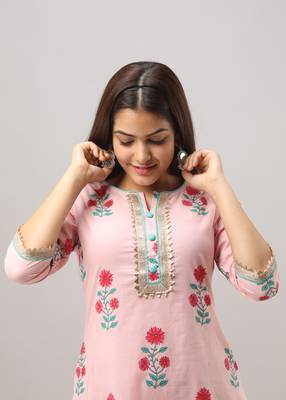 Women's Cotton Embroidered Straight Pink Kurta Palazzo Set 3