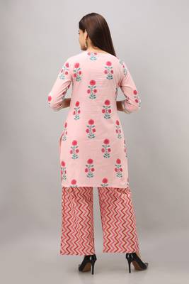 Women's Cotton Embroidered Straight Pink Kurta Palazzo Set 4