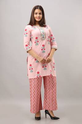 Women's Cotton Embroidered Straight Pink Kurta Palazzo Set 5