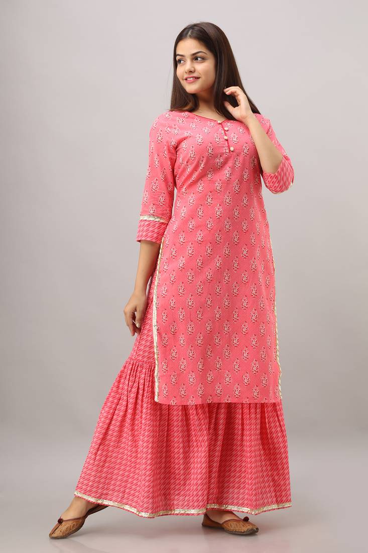 Women's Cotton Printed Straight Pink Kurta Palazzo Set FABRIC FITOOR