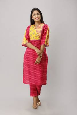 Women's Cotton Flex Ikat Printed Straight Fuschia Pink Kurta Pant set 1
