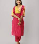 Women's Cotton Flex Ikat Printed Straight Fuschia Pink Kurta Pant set