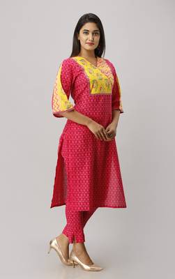 Women's Cotton Flex Ikat Printed Straight Fuschia Pink Kurta Pant set 2