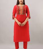 Women's Cotton Striped Printed Straight Red Kurta Pant set