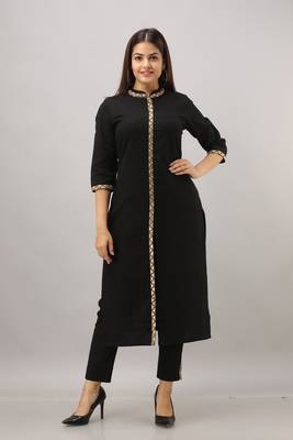 Women's Cotton Flex Embroidered Straight Black Kurta Pant set 1