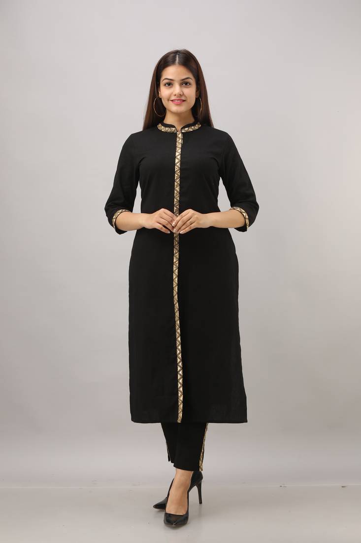 Women's Cotton Flex Embroidered Straight Black Kurta Pant set