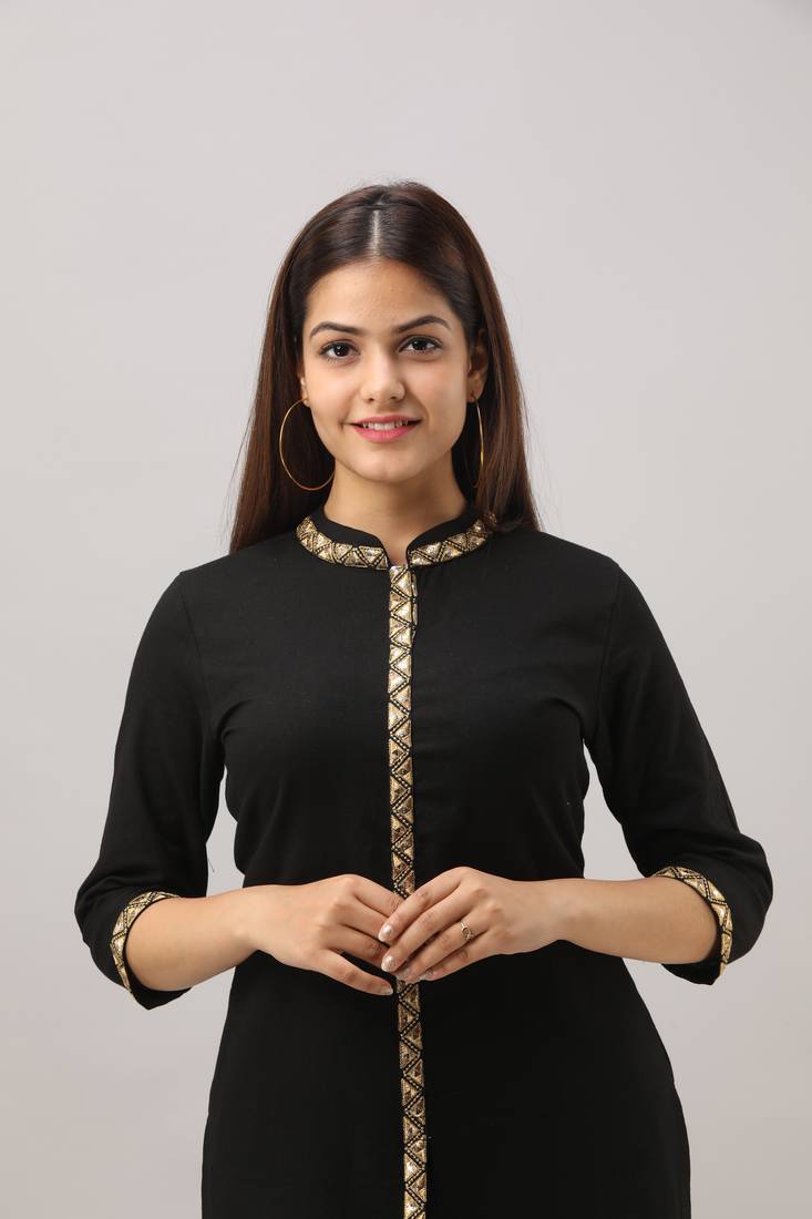 Women's Cotton Flex Embroidered Straight Black Kurta Pant set