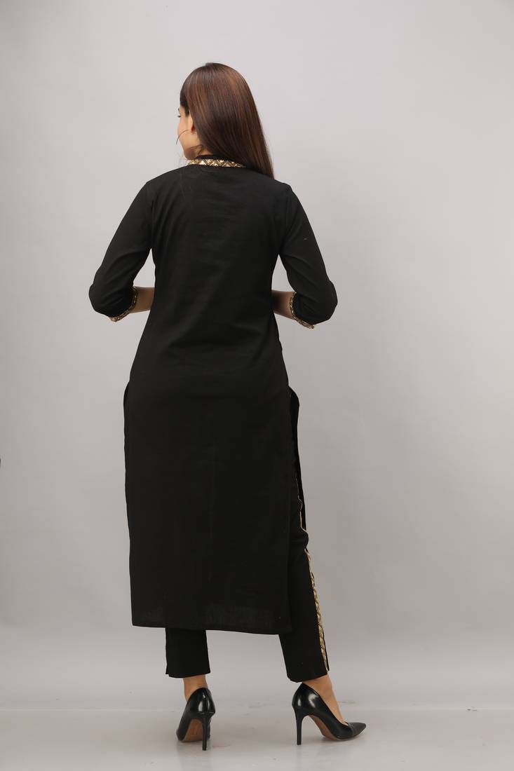 Women's Cotton Flex Embroidered Straight Black Kurta Pant set