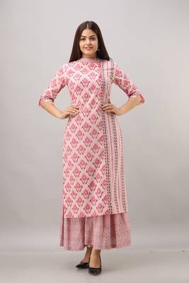 Women's Cotton Ikat Printed Straight Pink Kurta Sharara Set 1