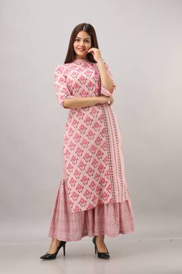 Women's Cotton Ikat Printed Straight Pink Kurta Sharara Set 2