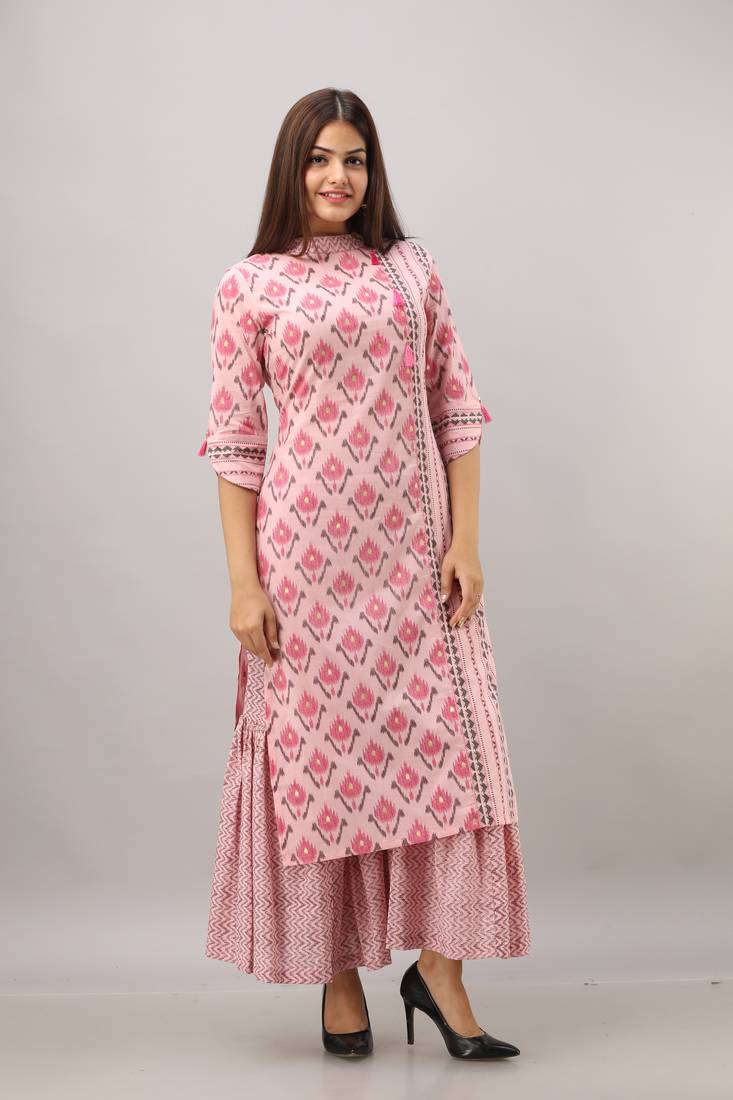 Women's Cotton Ikat Printed Straight Pink Kurta Sharara Set