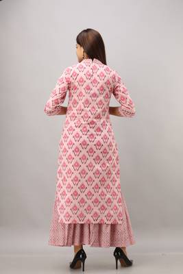 Women's Cotton Ikat Printed Straight Pink Kurta Sharara Set 4