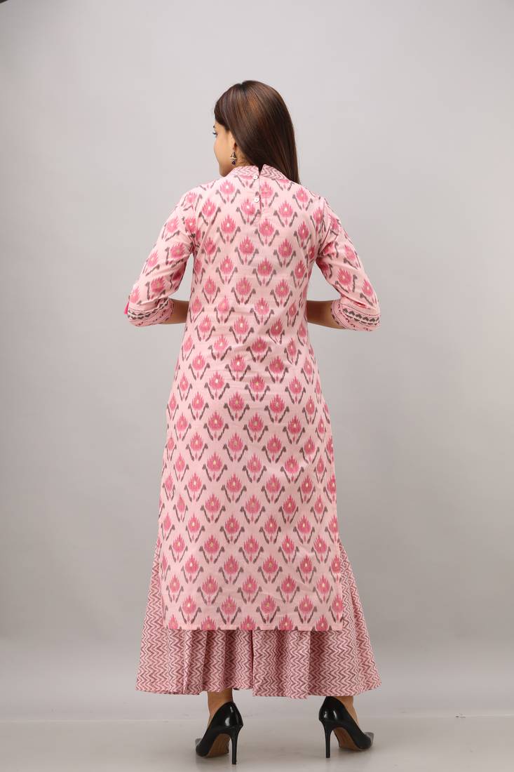 Women's Cotton Ikat Printed Straight Pink Kurta Sharara Set