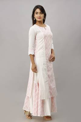 Women's Cotton Floral Printed Straight White Kurta Skirt Set 1