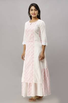 Women's Cotton Floral Printed Straight White Kurta Skirt Set 2