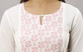 Women's Cotton Floral Printed Straight White Kurta Skirt Set 3
