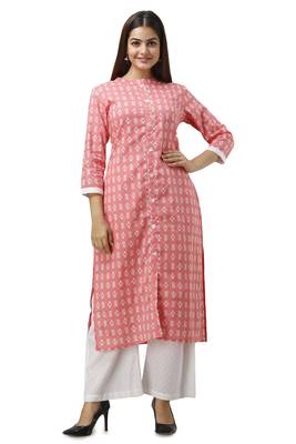 Women's Cotton Ikat Printed Straight Kurta with Palazzo Set (White & Red) 1