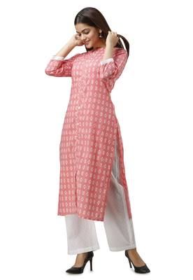 Women's Cotton Ikat Printed Straight Kurta with Palazzo Set (White & Red) 2