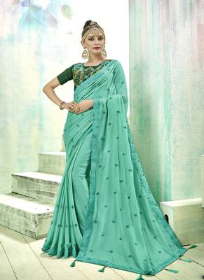 Turquoise Embroidered Fancy Fabric Saree With Blouse 1