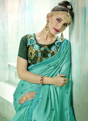 Turquoise Embroidered Fancy Fabric Saree With Blouse 2