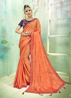 Peach Embroidered Fancy Fabric Saree With Blouse 1