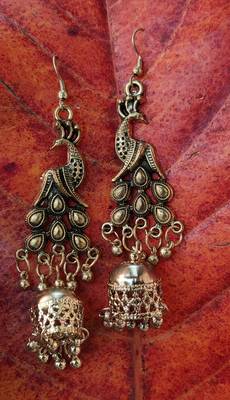 Gold Oxidised Peacock Earrings 1
